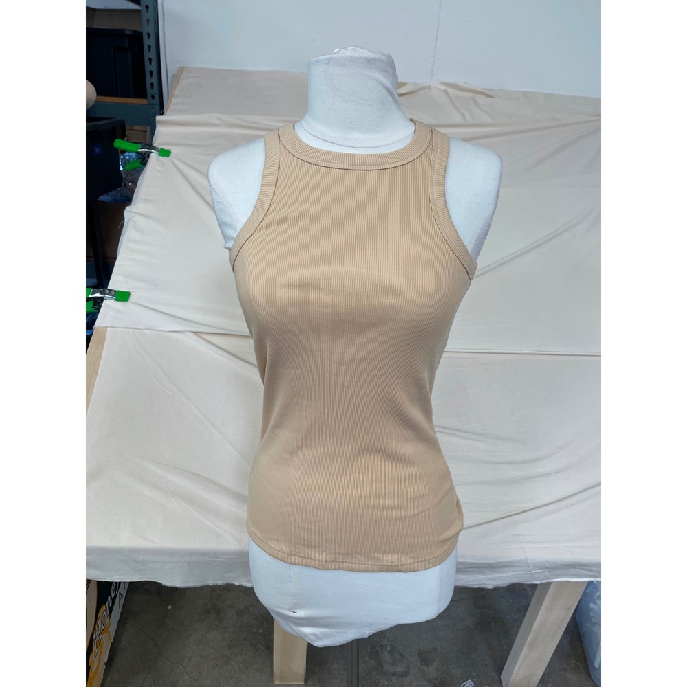 Womens Tan Beige Ribbed Knit High Neck Racerback Tank Top Sleeveless Basic